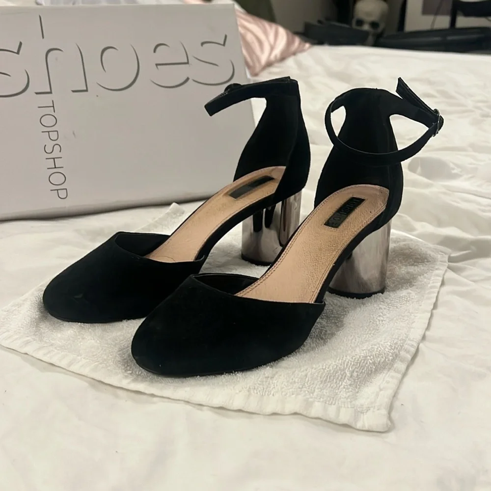 Topshop posh mod Maryjane’s black suede with gunmetal silver round heel, comfy - Picture 1 of 6